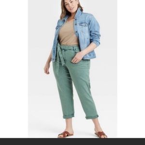 NWT AVA VIV High Rise Taper Jeans Stretch Acid Wash Tie Belt Plus Green